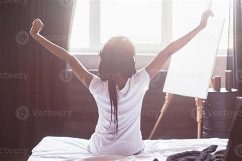 Beautiful Black Woman Waking Up In Her Bed She Is Smiling And