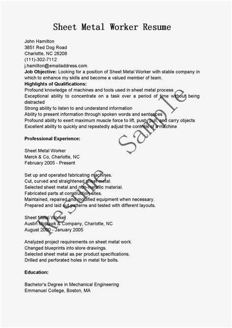 Resume Samples Sheet Metal Worker Resume Sample