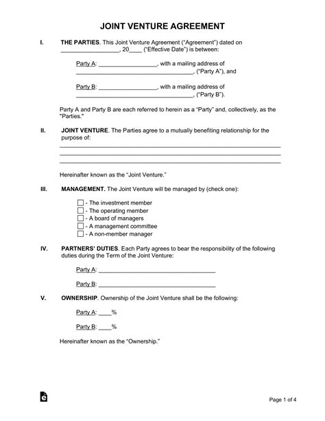 Free Joint Venture Agreement Template Pdf Word Eforms