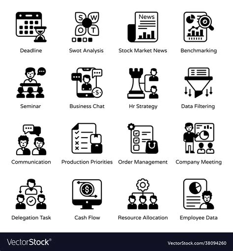 Pack Business Management Glyph Icons Royalty Free Vector