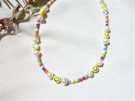 Smiley Face Necklace Beaded Pearl And Bead Necklace Rainbow Etsy