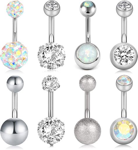 Dbella 8pcs Short Belly Button Rings 14g Stainless Steel For Women