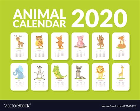 Calendar 2020 Monthly Calendar With Cute Animals Vector Image