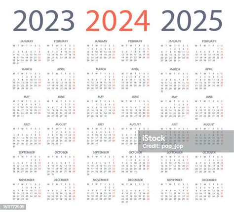 Vetores De Calendário 2023 2024 2025 Ilustração Vetorial Semana Começa
