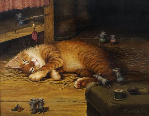 A Painting Of A Cat Laying On Top Of A Floor Next To Other Cats And Mice