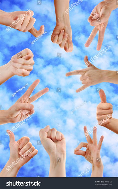 Various Hand Signs Symbols Against Blue Stock Photo 91992569 Shutterstock