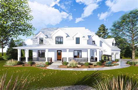 This modern take on the classic southern farmhouse (and our 2012 idea house!), pays homage to historic southern homes with the wrap around front porch and. Plan 62668DJ: Modern Farmhouse with Angled 3-Car Garage ...
