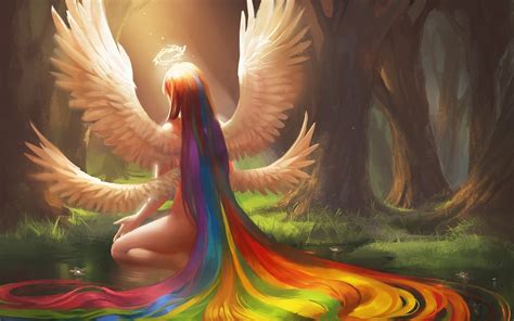 Wallpaper 1920x1200 Px Angel Color Fantasy Forest Girl Hair Rainbow Tree Wings