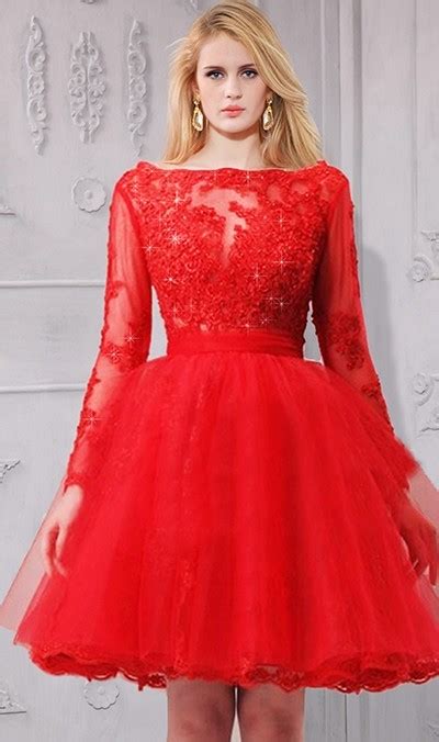 Ball Gown Bateau Neckline Short Red Tulle Lace Sleeve Prom Dress