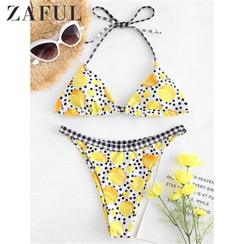 Zaful Lemon Halter Dots Print Bikini Swimwear Bandage Bikini Set Low Waist Swimsuit Bathing Suit
