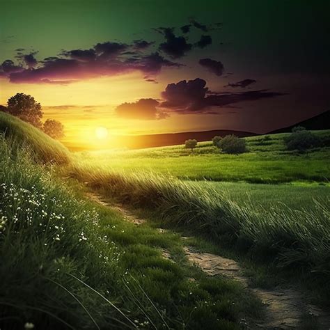 Premium Photo Green Fields With Flowers And Sunset