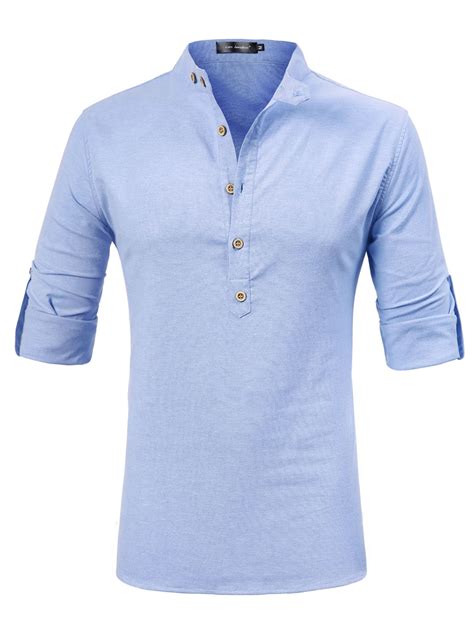 unique bargains men casual grandad collar roll up long sleeves henley shirt light blue xxl us