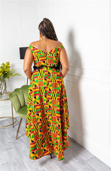 Kente African Print High Low Off Shoulder Dress Embroider Waistband Laviye