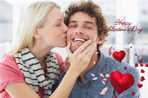 Premium Photo Woman Kissing Man On His Cheek Against Cute Valentines Message