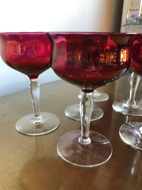 Set Of 6 French Ruby Red Crystal With Clear Stem Champagne Coupe Glasses At 1stdibs French