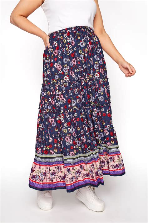 Navy Floral Tiered Gypsy Skirt Yours Clothing