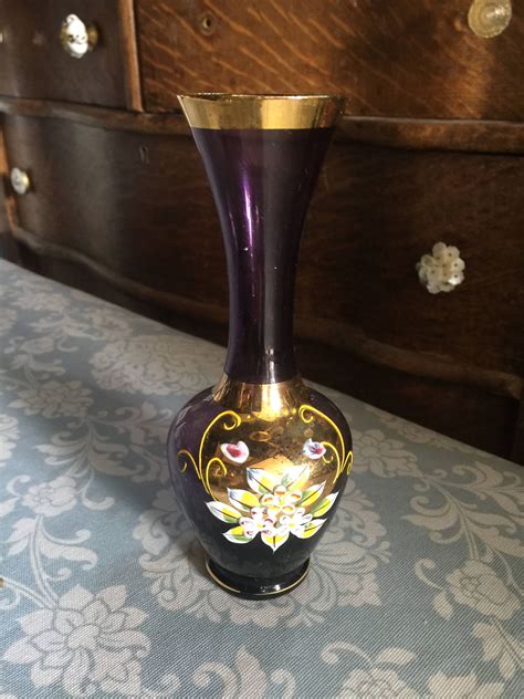 Vintage Amethyst Vase Gold Hand Painted Venetian Style Glass Etsy Bud Vases Vintage Vases
