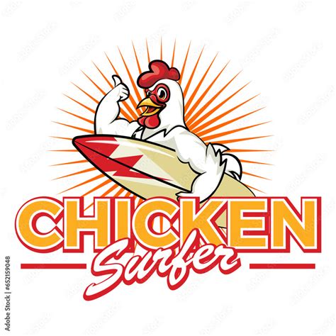 Mascot Logo Of A Surfer Chicken Carrying A Surfboard Giving A Thumbs Up