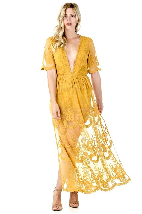 LONG YELLOW LACE EMBROIDERED BOHO MAXI DRESS SQD Boho Maxi Dress Yellow Lace