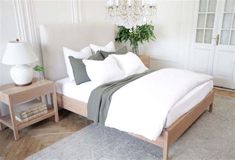 Upholstered Linen and Solid Oak Platform Bed in Queen or King