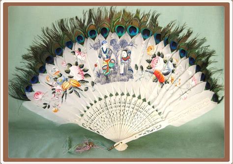 Antique Chinese Peacock Feather And Ox Bone Fan Hand Painted