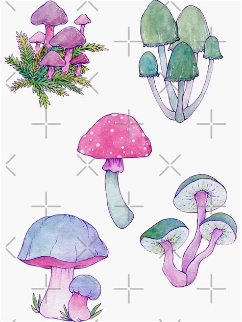 Whimsical Bright Watercolor Mushroom Design Sticker For Sale By