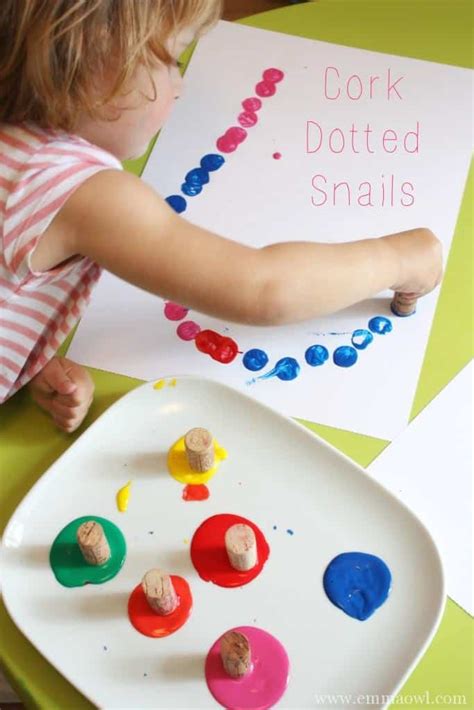Here is a great section of exploratory valentine day art projects for preschoolers. Cork Dotted Snail - Emma Owl