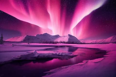 Premium Photo Pink Aurora Borealis Morthern Lights Over Ice And Snow