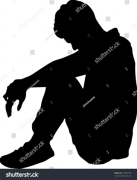 Silhouette Of Very Sad Man Sitting Alone On White Background Depressed