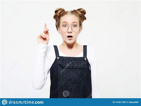 Surprised Funny Woman Showing Empty Copy Space With Her Finge Stock
