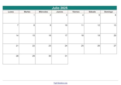Calendario Julio 2025 Para Imprimir Mensual Para Notas
