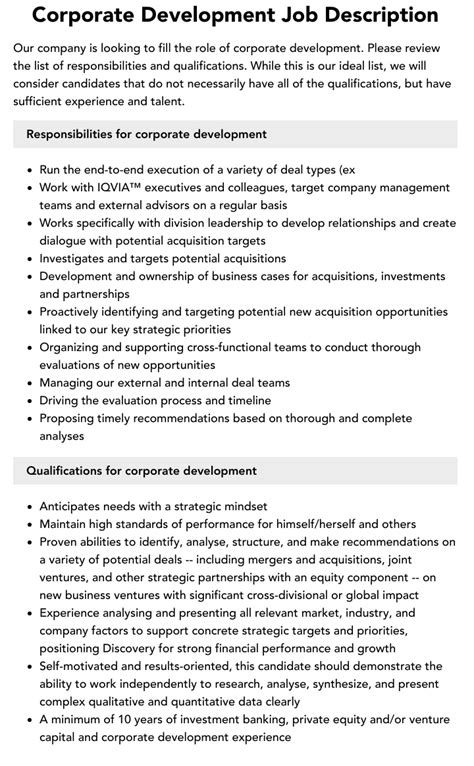 Corporate Development Job Description Velvet Jobs