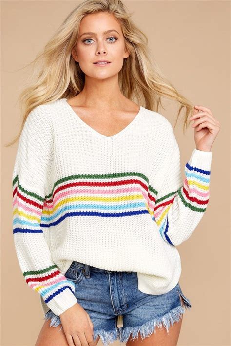 Women S Rainbow Striped Pullover Knitted Sweater With V Neckline