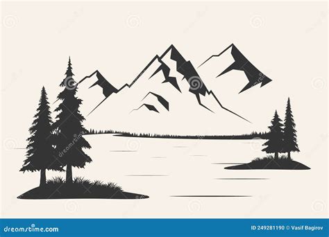 Mountain With Pine Trees And Landscape Black On White Background