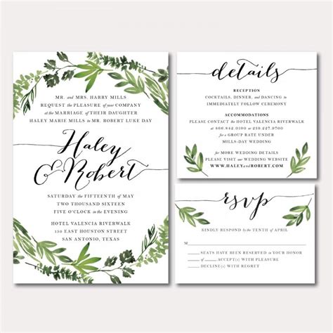 Printable Wedding Invitation Suite Botanical Wreath Watercolor Botanicals Leaves Herbs