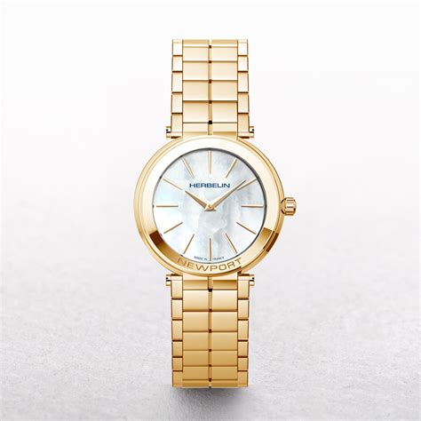 michel herbelin ladies newport slim gold plated watch with mother of pearl dial