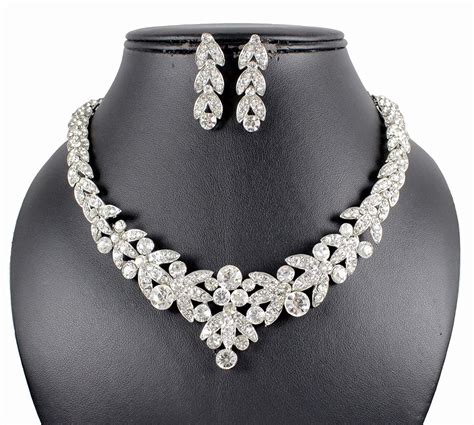 Floral Clear Austrian Rhinestone Crystal Necklace Earrings Set Bridal