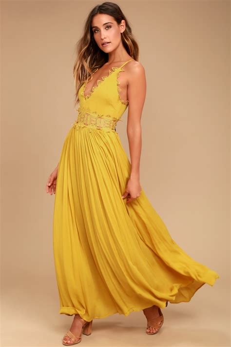 See more ideas about dresses, formal dresses, prom dresses. Mustard Yellow Maxi Dress - Lace Maxi Dress - Plunge Neck