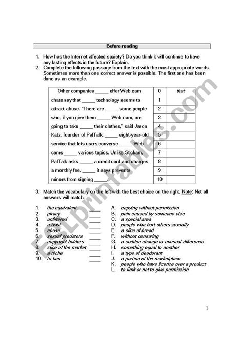 English Worksheets Advanced Reading Assignment
