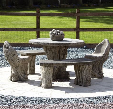 Woodlands Stone Benches And Table Patio Garden Furniture Set