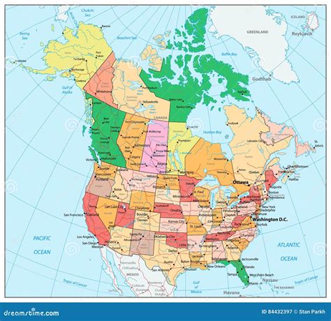 Usa And Canada Large Detailed Political Map With Map Pointers Cartoon