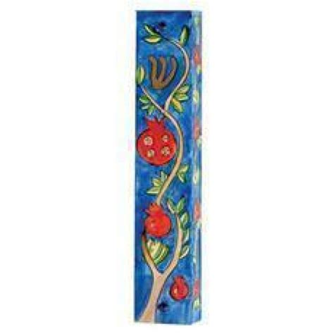 Hand Painted Mezuzah With Pomegranates In Wood Yair Emanuel