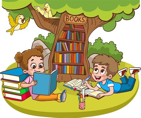Niños Leyendo Libro En El Vector De Dibujos Animados De La Naturaleza