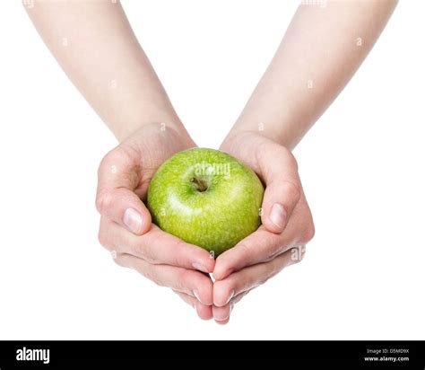 Female Teen Hand Holdings Green Apple Isolated On White Stock Photo