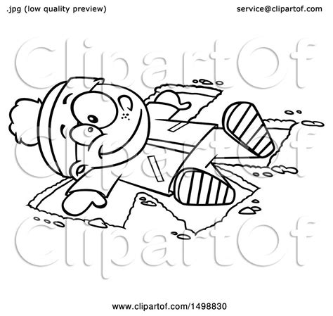 Clipart Of A Cartoon Lineart Happy Boy Making A Snow Angel