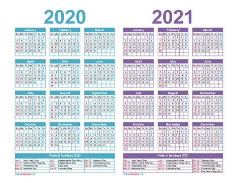 2020 2021 Calendar Printable Pdf
