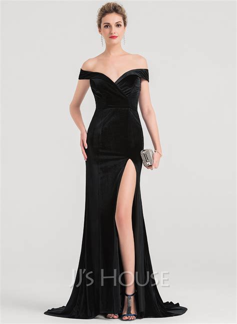 Trumpetmermaid Off The Shoulder Sweep Train Velvet Prom Dresses With