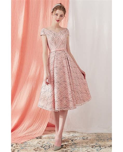 Unique Vintage Pink Tea Length Party Dress With Cap Sleeves Ama86037