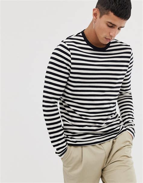 Asos Design Organic Cotton Long Sleeve Stripe T Shirt In Black And
