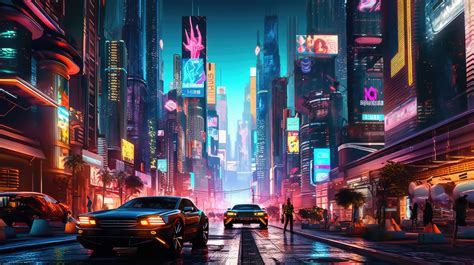 A Bustling Cyberpunk Cityscape With Towering Neon Lit Skyscrapers And